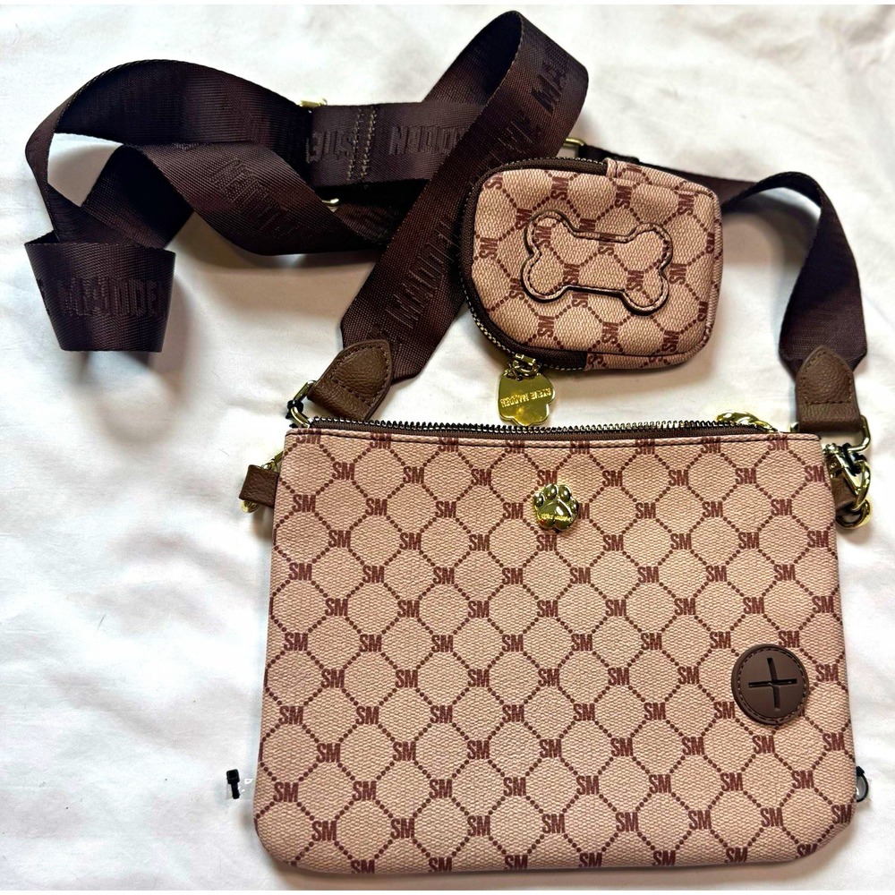 Steve Madden Dog Beige/Brown Monogram Zip Crossbody Bag w detachable wastebag